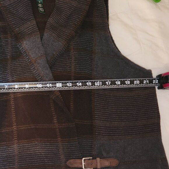 EUC Lauren Ralph Lauren Cowl Neck Wrap Sweater Vest Brown Blue Plaid 1X Buckle - Picture 6 of 7